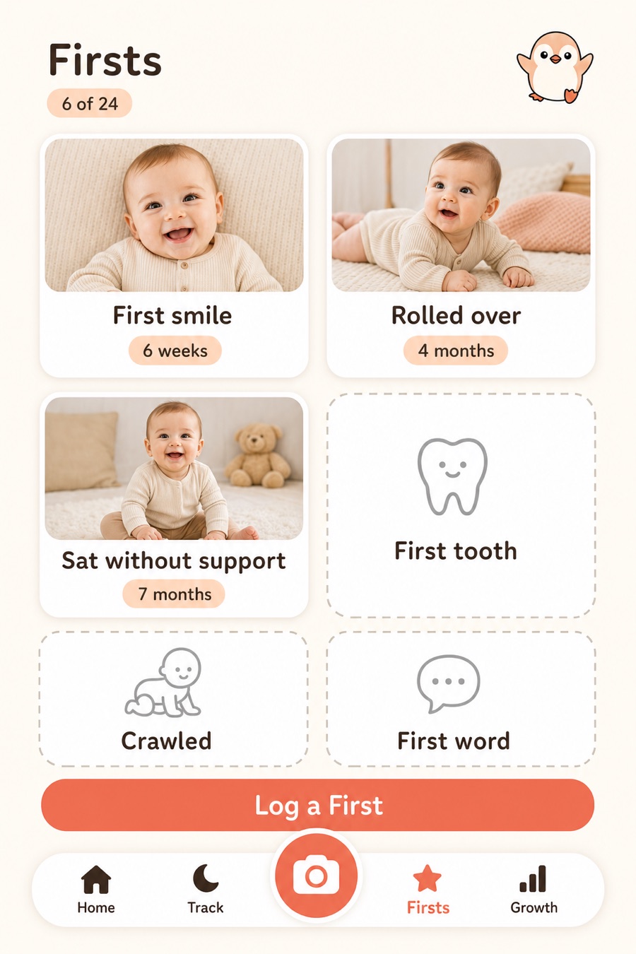 Redesigned milestones grid with photos on completed cards and dashed outlines on the rest