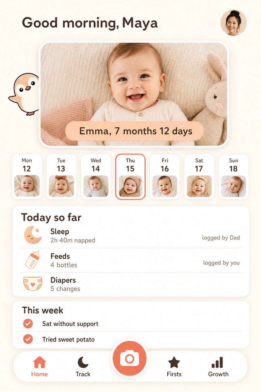 Redesigned home screen with a large photo, a week strip and a today summary