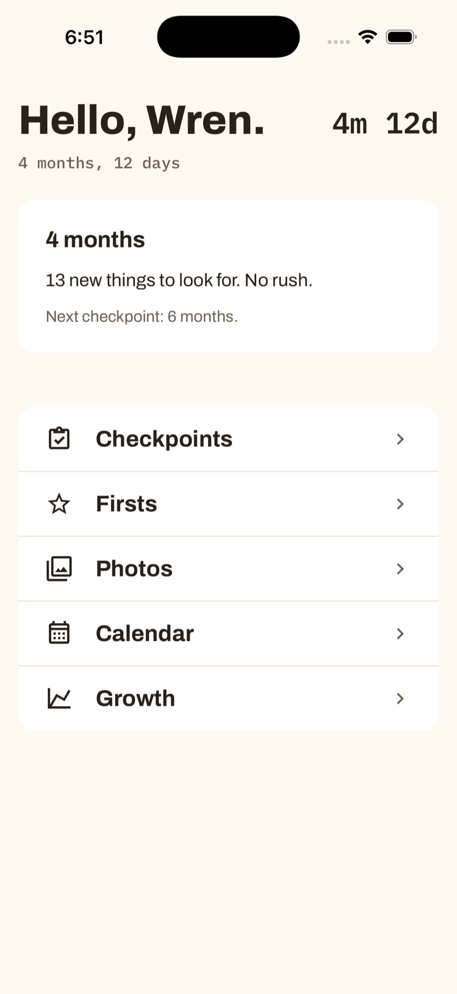 The original app home screen: a greeting and a plain list of five menu rows with chevrons
